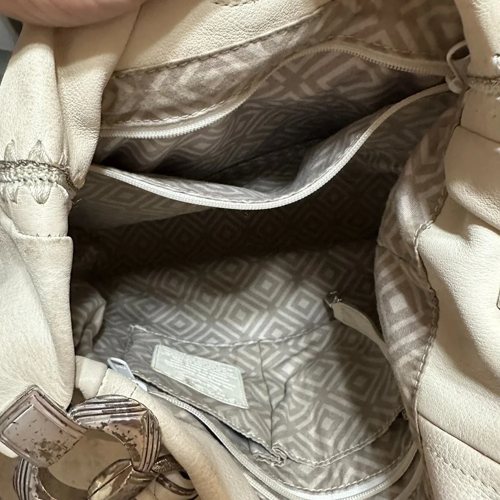 Brighton Cream Leather Beaded Medallion Hobo Shoulder‎ Bag Ivory Silver Heart